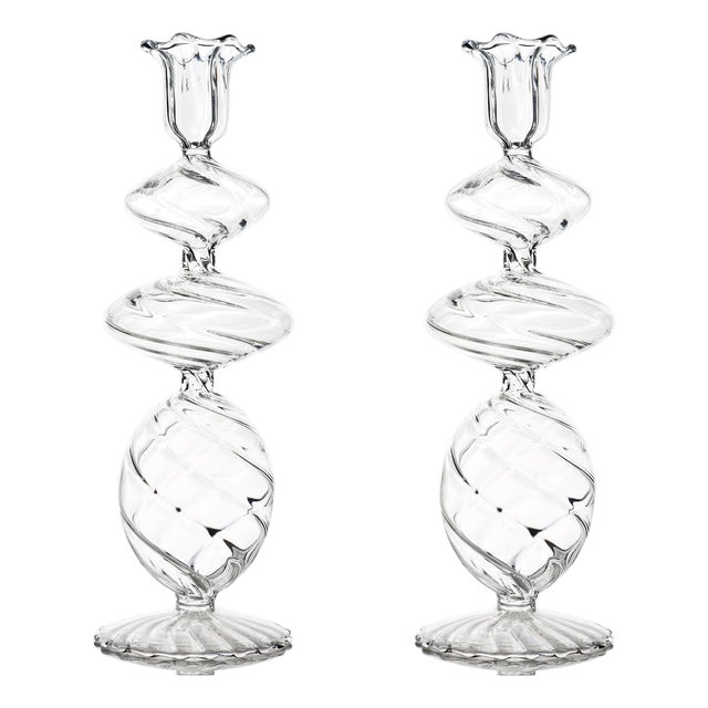 Clear Swirl Glass Candlestick, Large, Set of 2 For Sale