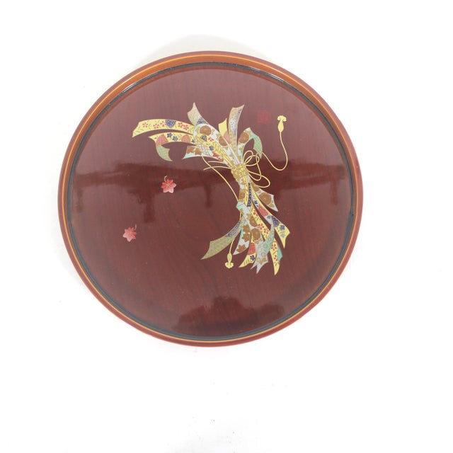 Wood Vintage Japanese Lacquered Wood Tray Small Round Gold Detail Signed For Sale - Image 7 of 12