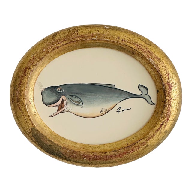 Original Hand-Painted Whimsical Baby Whale Painting in a Vintage Italian Gold Frame For Sale