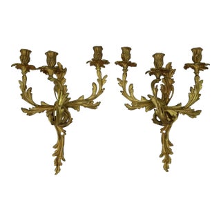 Late 19th Century Pair of Rococo Style Gilt Bronze Three Arm Wall Candelabra Sconces For Sale