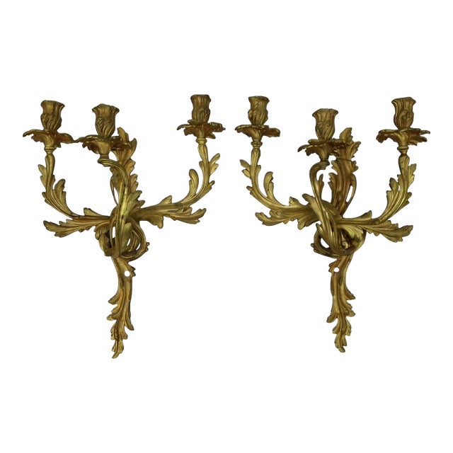 Late 19th Century Pair of Rococo Style Gilt Bronze Three Arm Wall Candelabra Sconces For Sale