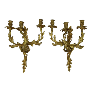 Late 19th Century Pair of Rococo Style Gilt Bronze Three Arm Wall Candelabra Sconces