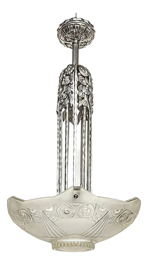 French Art Deco Wrought Iron Pendant Chandelier Signed by Sabino