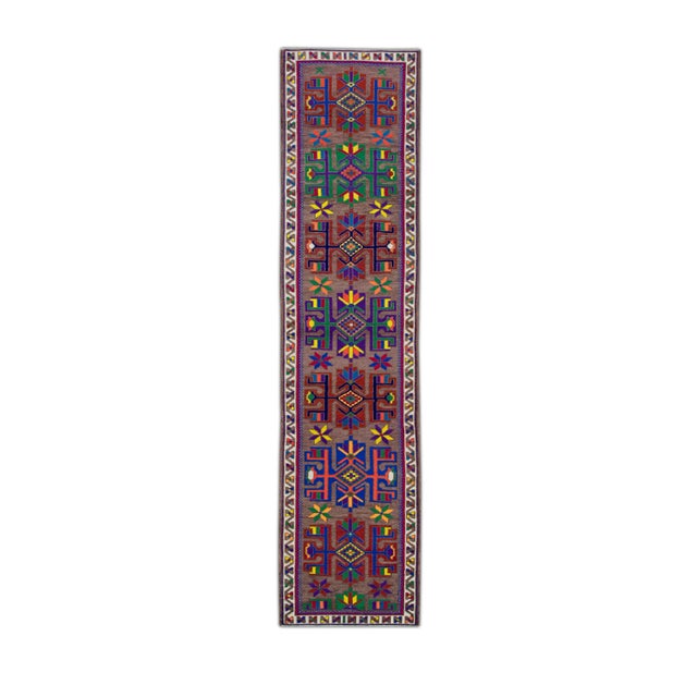 1960s Purple Colorful Geometric Design Handwoven Wool Vintage Turkish Runner 3' X 12'6" For Sale In Houston - Image 6 of 6
