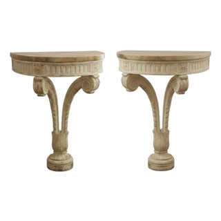 Pair of Neoclassical-Style Demi-Lune Console Tables With Faux Marble Tops For Sale
