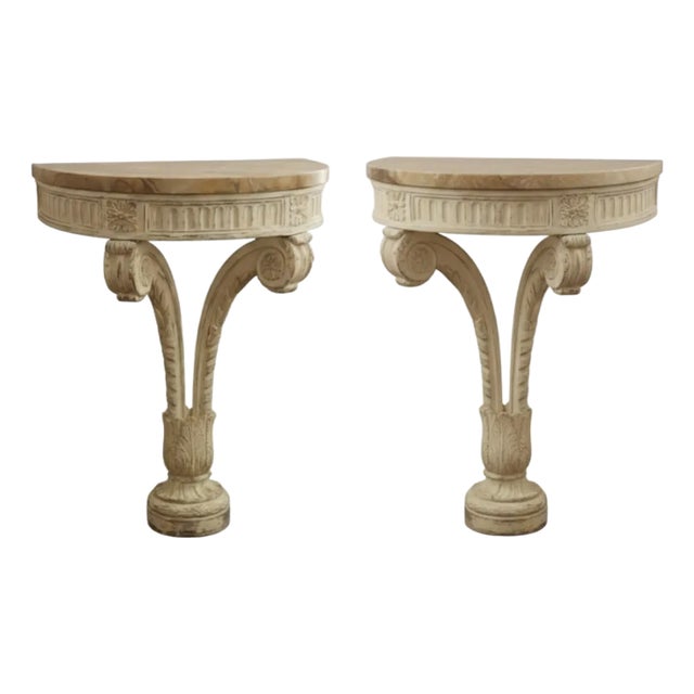 Pair of Neoclassical-Style Demi-Lune Console Tables With Faux Marble Tops For Sale