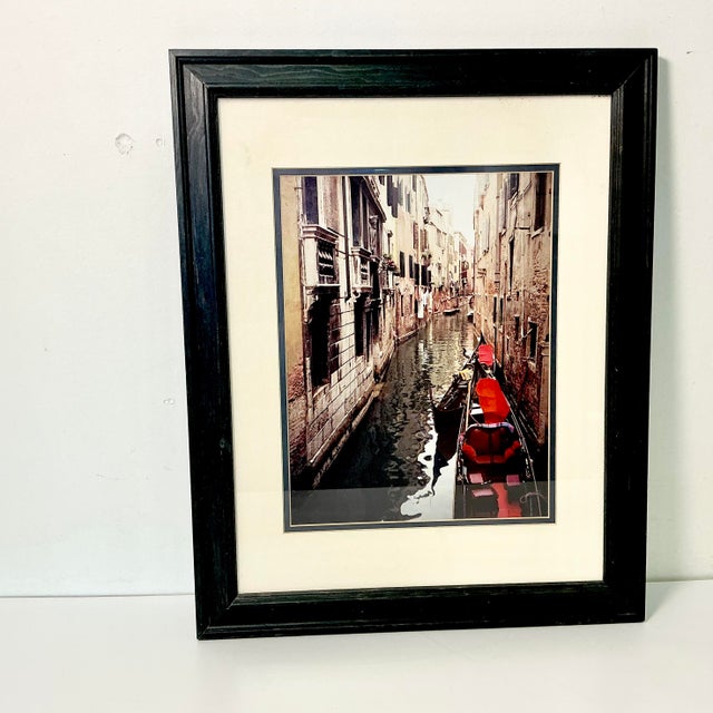 1980s Vintage Italian Boho Chic Cityscape Canal With Red Gondola at Dock Framed Photography For Sale - Image 10 of 18