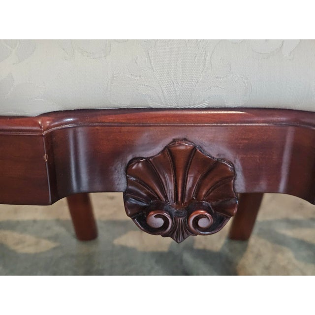 Store Item: Pair of KINDEL Winterthur Collection Mahogany Clawfoot Dinning Arm Chairs Silk Fabric Description: Set...