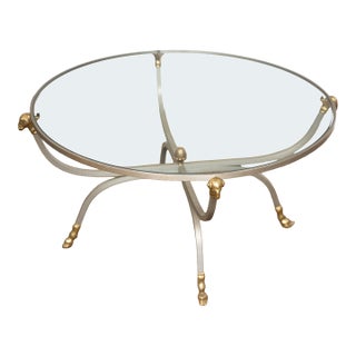 French Mid-Century Round Coffee or Low Table With Steel Base and Glass Top For Sale