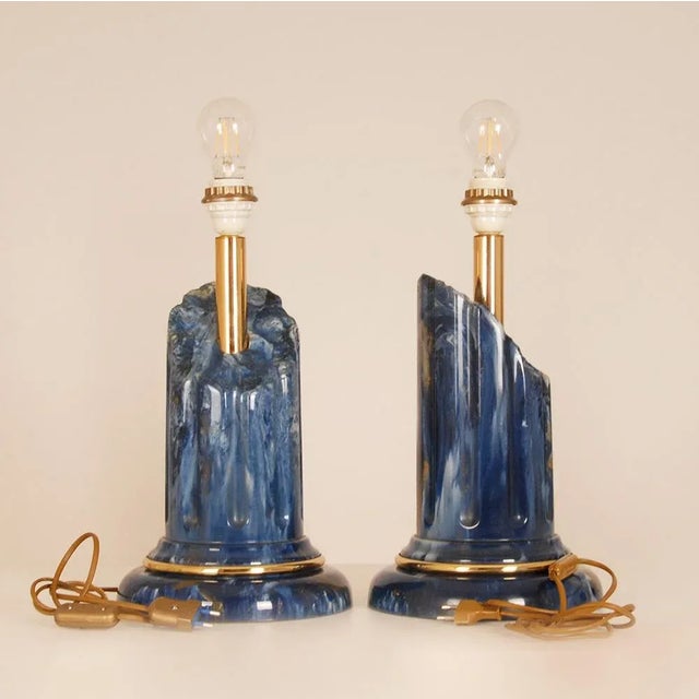 Vintage Italian Table Lamps Lapis Lazuli Marble Blue Gold Column Lamps a Pair For Sale - Image 6 of 11