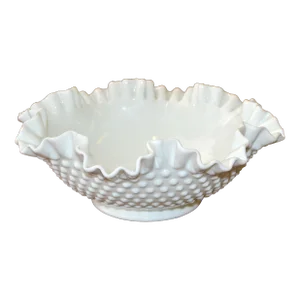1970s Marked Large Fenton Art Glass Company White Ruffled Hobnail Milk Glass Footed Bowl
