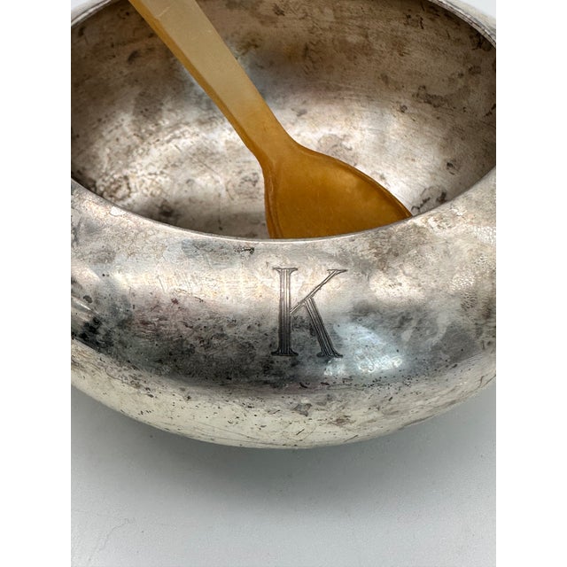 1960s Silver-Plated Sugar Bowls With Carved Horn Spoons Engraved "K"- Pair For Sale - Image 5 of 9