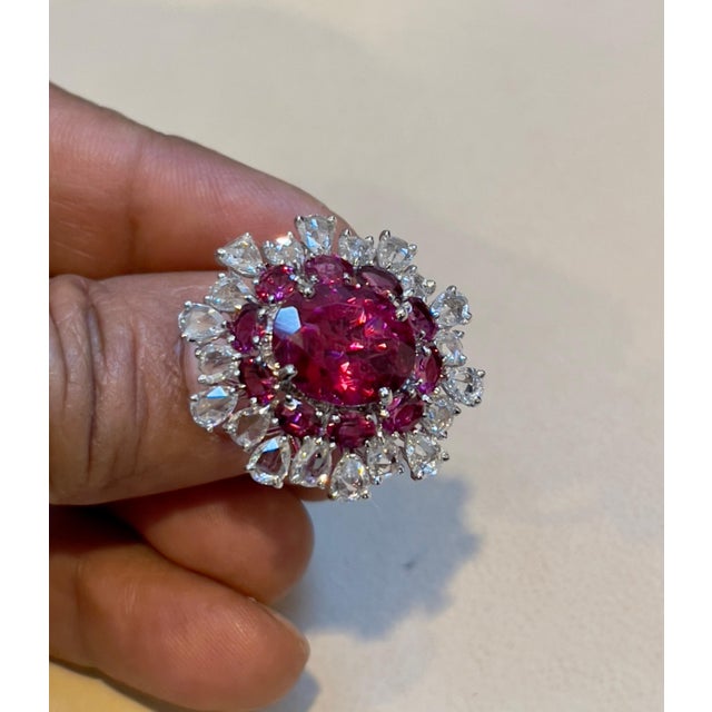 5 Carat Rubelite and 4.5 Carat Diamond 18 Karat White Gold Cocktail Ring Estate For Sale - Image 14 of 18