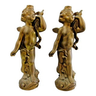 1920s Matched Pair of Antique Gold Cherub With Dove Cast Bronze Sculptures For Sale