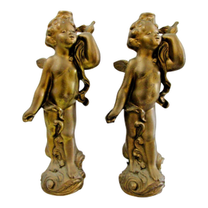1920s Matched Pair of Antique Gold Cherub With Dove Cast Bronze Sculptures
