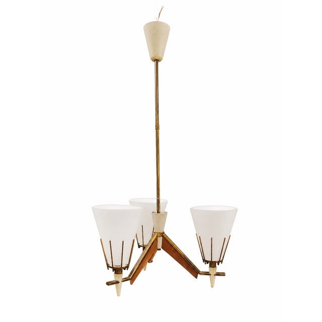 Mid-Century Scandinavian Chandelier in Wood, Brass and Opaline Glass, 1950s For Sale - Image 4 of 6