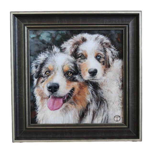Australian Shepherds Dog Portrait Painting Including the Antique Black & Silver Wood Frame For Sale In Los Angeles - Image 6 of 6