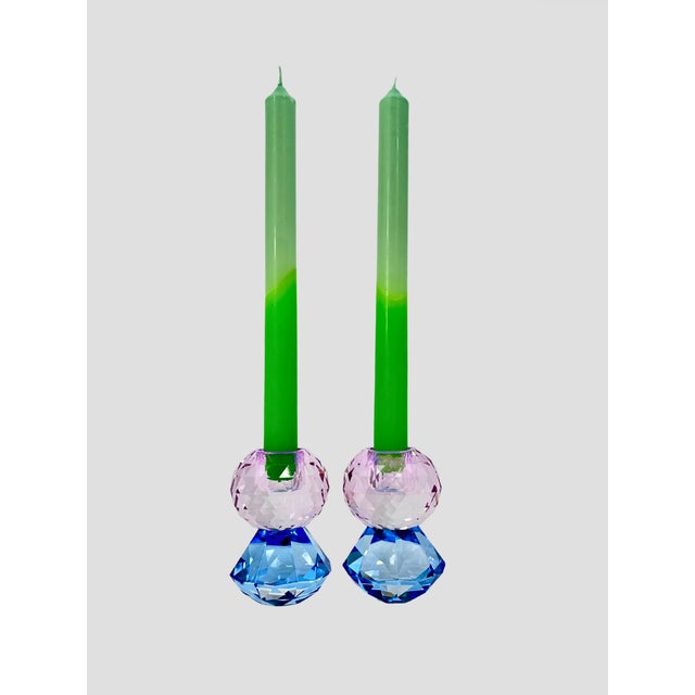 Beautiful Danish Faceted Crystal Taper Candle Holder Pair in blue and lavender. These make a lovely addition to your...