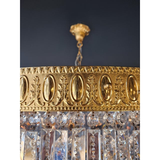 1930s Low Plafonnier Crystal Chandelier Brass Lustre Ceiling Art Deco Gold For Sale - Image 9 of 12