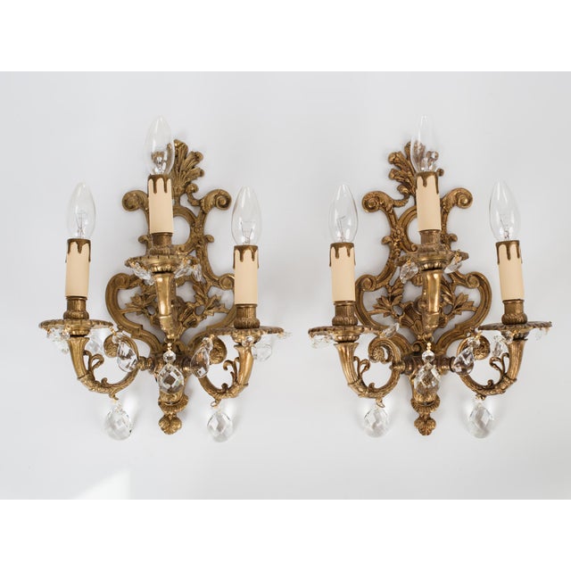 Rococo 1950s Spanish Rococo Sand-Cast Brass 3-Light Sconces With Crystals - A Pair For Sale - Image 3 of 12