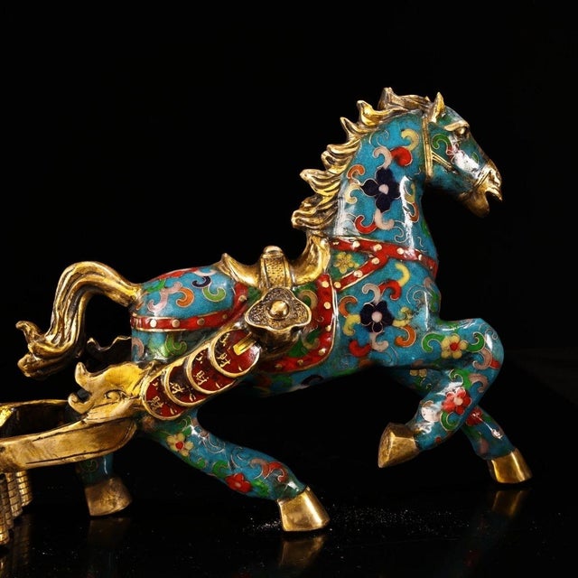 Large Vintage Cloisonné Horse Pulling Treasure Cart - 15.7" Wide For Sale - Image 9 of 9