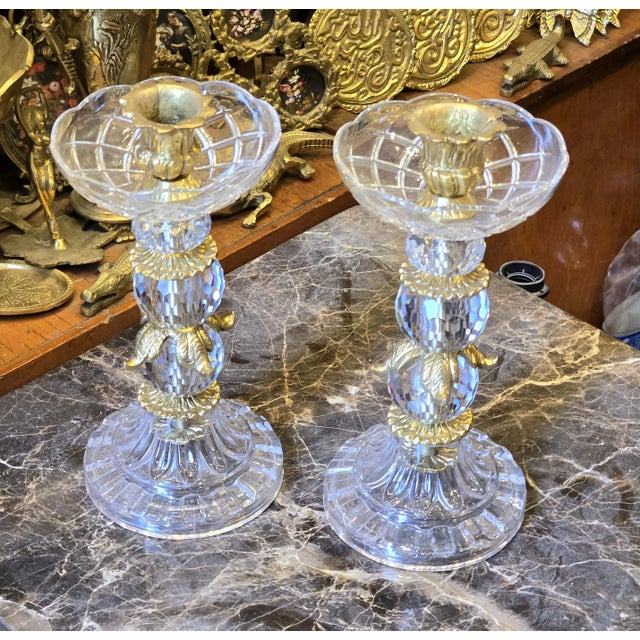 French Elegant Brass Base Crystal Candlestick Holder For Sale - Image 3 of 3