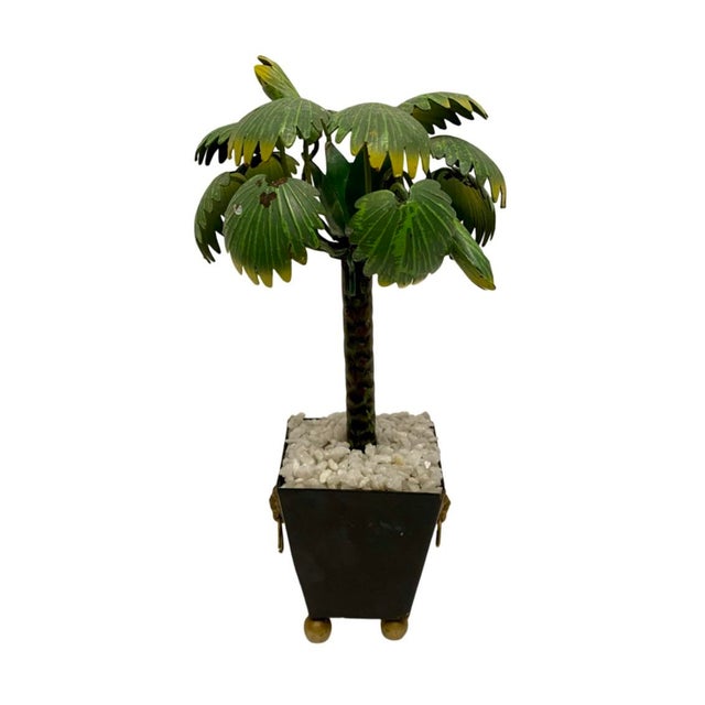 Metal Petite Potted 9” Tall Palm Tree with Lions Head Vintage Hollywood Regency. Made in India. Very good overall preowned...