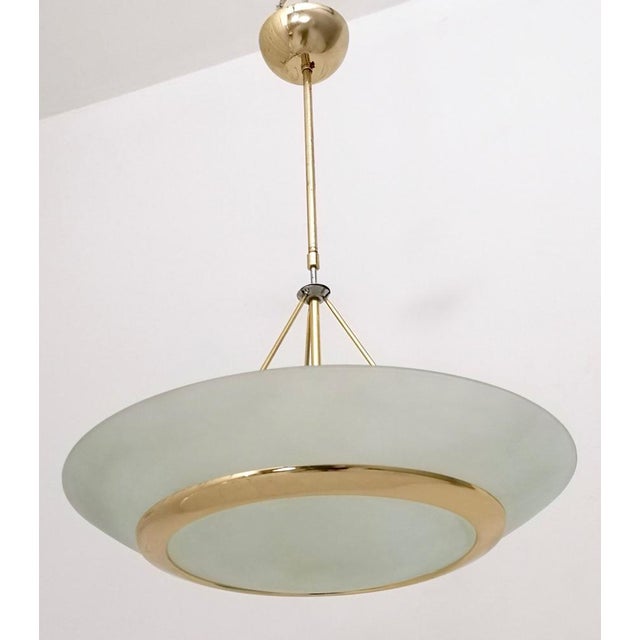 Fontana Arte Brass and Etched Glass Bowl Pendant in the style of Fontana Arte, Italy, 1980s For Sale - Image 4 of 9