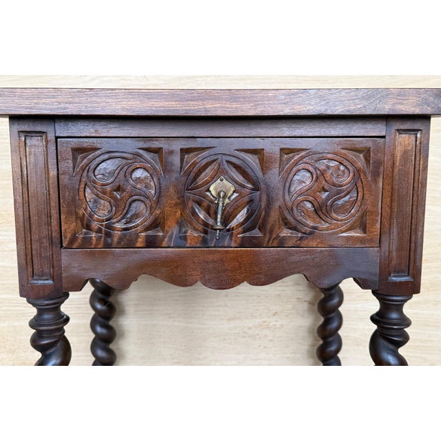 Brown Mid 19th Century Pair of Dark Carved Spanish Nightstands with Drawer For Sale - Image 8 of 18