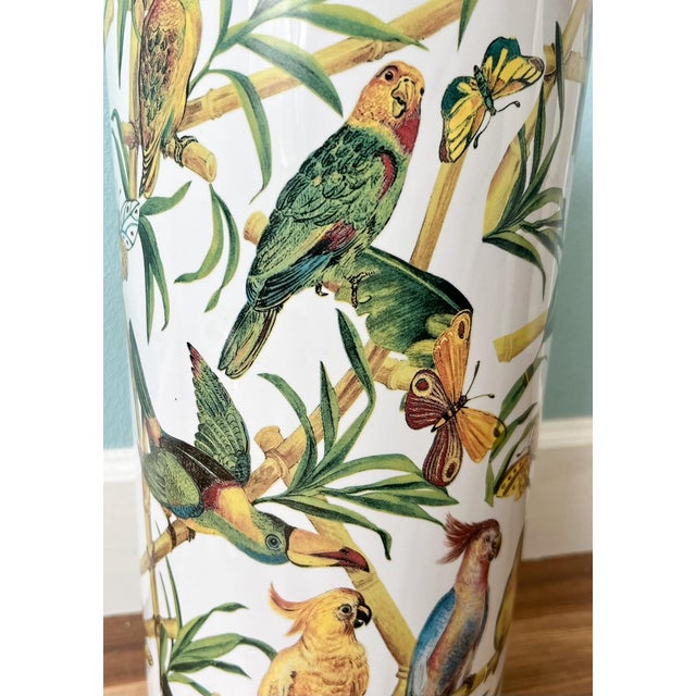 Green Vintage Tropical Birds & Butterflies Ceramic Umbrella Stand – Hollywood Regency / Chinoiserie For Sale - Image 8 of 14