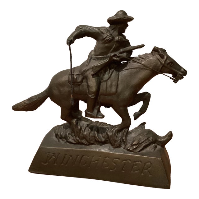 Antique Winchester Rider & Horse Cast Bronze Statue For Sale