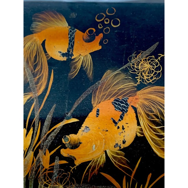 Wood Vintage Black Lacquered Wooden Jewelry Box With Hand-Painted Koi Fish For Sale - Image 7 of 13