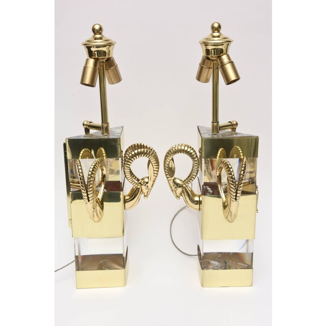 1970s Lucite and Polished Brass Ram's Head Wall Sconces - a Pair For Sale In Miami - Image 6 of 11