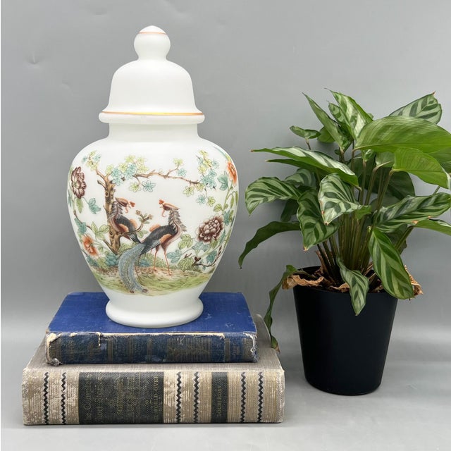 Charming vintage Italian lidded jar by Norleans, hand made in Italy. White cased glass form featuring a classic...