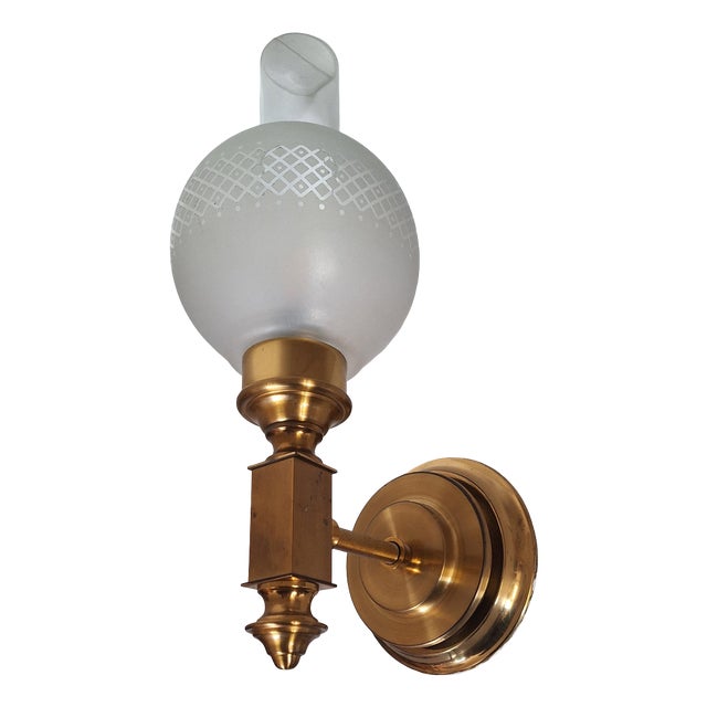 Vintage Wall Lamp with Brass Frame and Patterned Glass Shade, 1970s For Sale