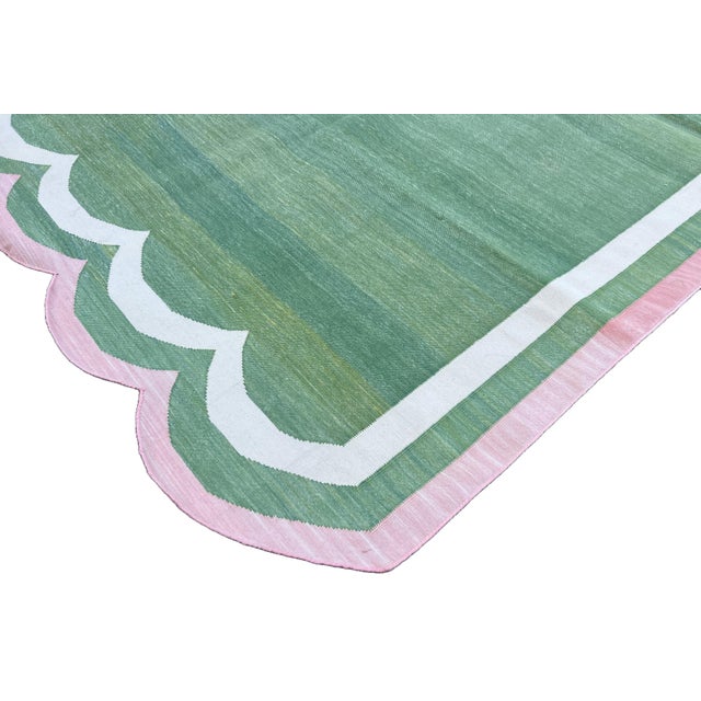 Not Yet Made - Made To Order Handmade Cotton Vegetable Dyed Scalloped Rug, Moss Green With Cream and Pink Border - 8'x10' For Sale - Image 5 of 10