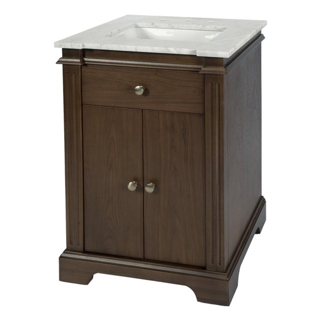 Rachelle 24 in. W Rectangular Wood & Marble Bathroom Vanity with Storage, Natural Walnut For Sale