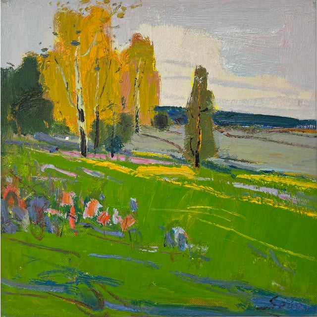 A radiant and expressive original oil painting on canvas depicting a vibrant spring or summer landscape. Rich yellow trees...