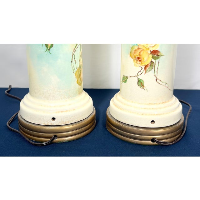 1939 Loevsky & Loevsky Hand-Painted Floral Cylinder Lamps - a Pair For Sale - Image 11 of 12