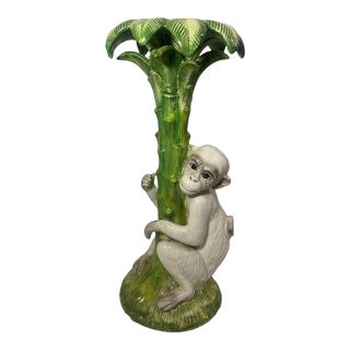 Vintage Hand-Painted in Italy Monkey on Palm Tree Candlestick Holder by Vietri For Sale