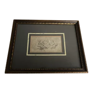 Antique Petit Pen and Ink Drawing of Putti Musicians, Framed