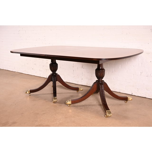 Brown Baker Furniture Style Georgian Mahogany Double Pedestal Extension Dining Table, Newly Refinished For Sale - Image 8 of 14
