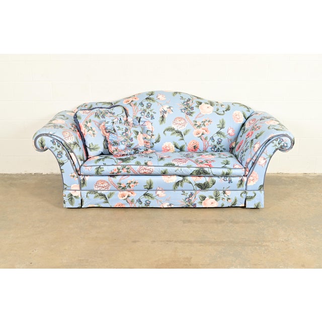 English Baker Furniture English Traditional Floral Upholstered Roll Arm Camelback Sofa For Sale - Image 3 of 15