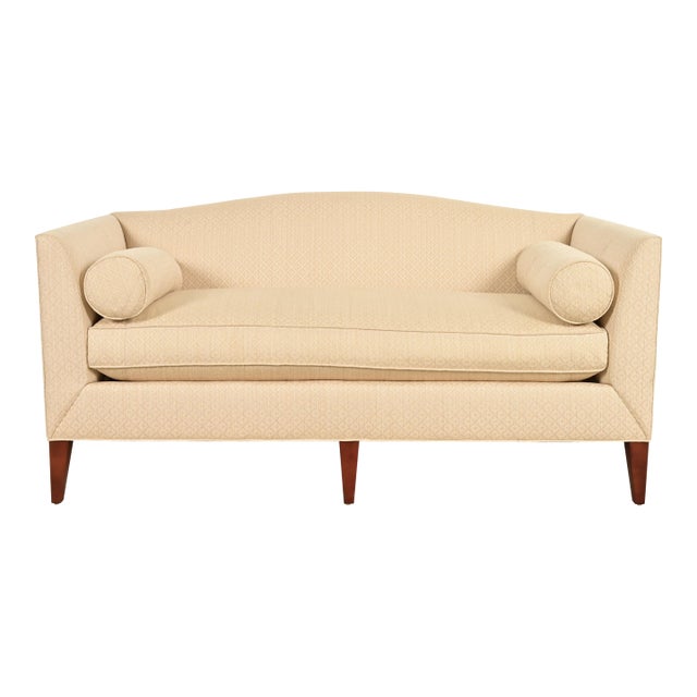 Barbara Barry for Baker Furniture Modern Regency Upholstered Camelback Sofa For Sale