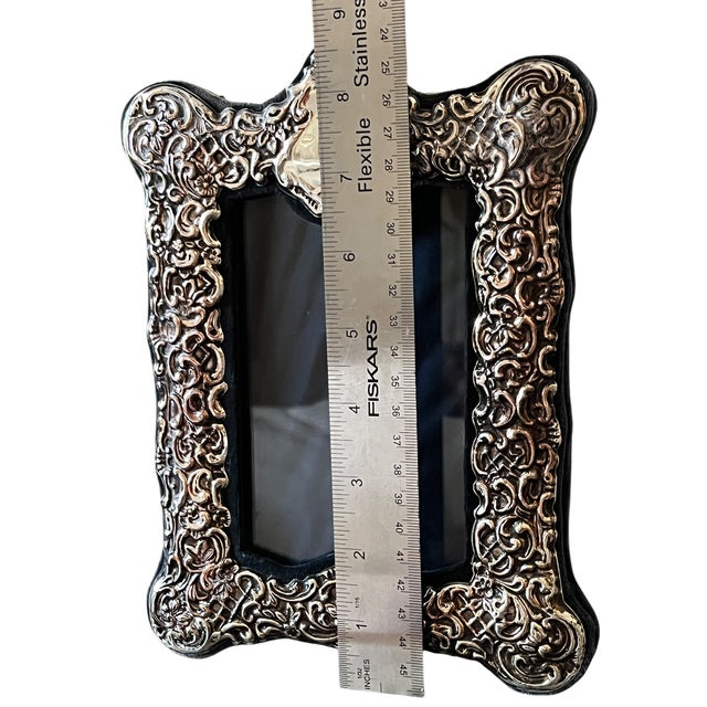 1970s Rococo Revival Silverplated Picture Frame With Floral Scrollwork and Crest Cartouche 8.5" X 6.5" for 4"x6" Image For Sale - Image 9 of 11