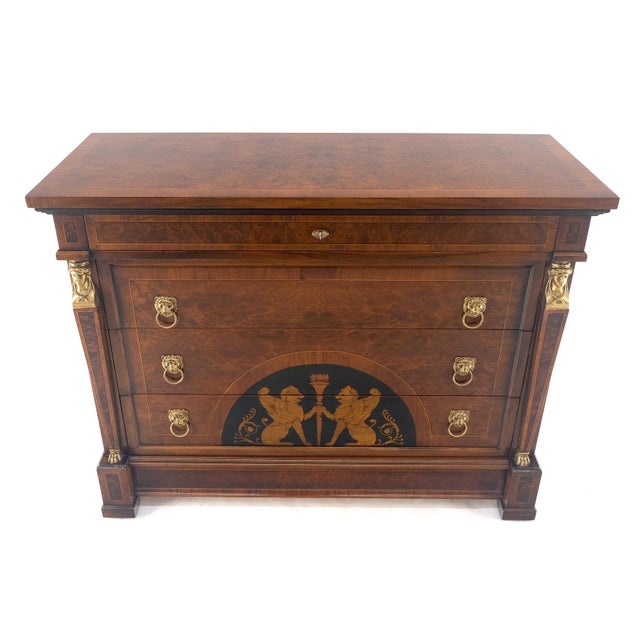 Wood Bronze Mounts & Pulls Burl Wood Inlay Neoclassical 4 Drawers 48" Dresser MINT! For Sale - Image 7 of 14