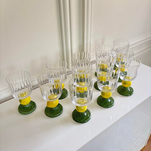 Absolutely stunning set of twelve brand new Bordallo Pinheiro style goblets. Lovely lemon motifs with green woven detail...