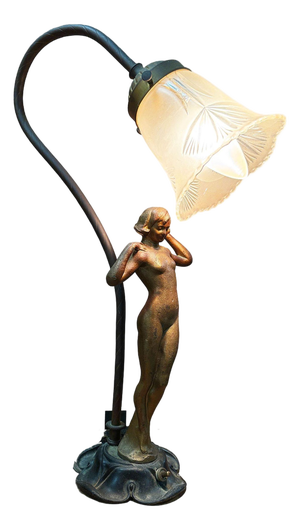 Early 20th Century Art Nouveau Flower Bell Table Lamp W/ Spelter Metal Nude Women Sculpture