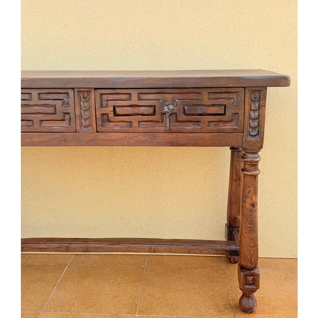 Spanish Walnut Console Table with Geometric Carved Drawers, 1920s For Sale - Image 12 of 17
