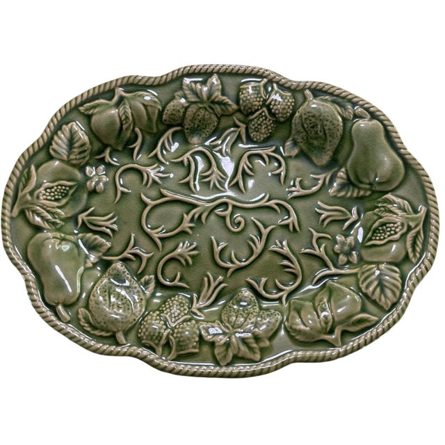 Mediterranean Late 1990s Portuguese Embossed Ceramic Tray With Wrought Iron Stand, Set of 2 For Sale - Image 3 of 10